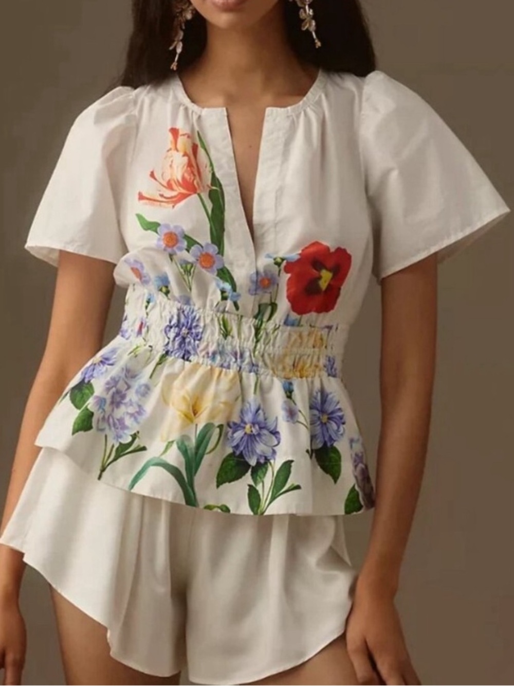 Anthropologie White Floral Smocked Peplum Blouse